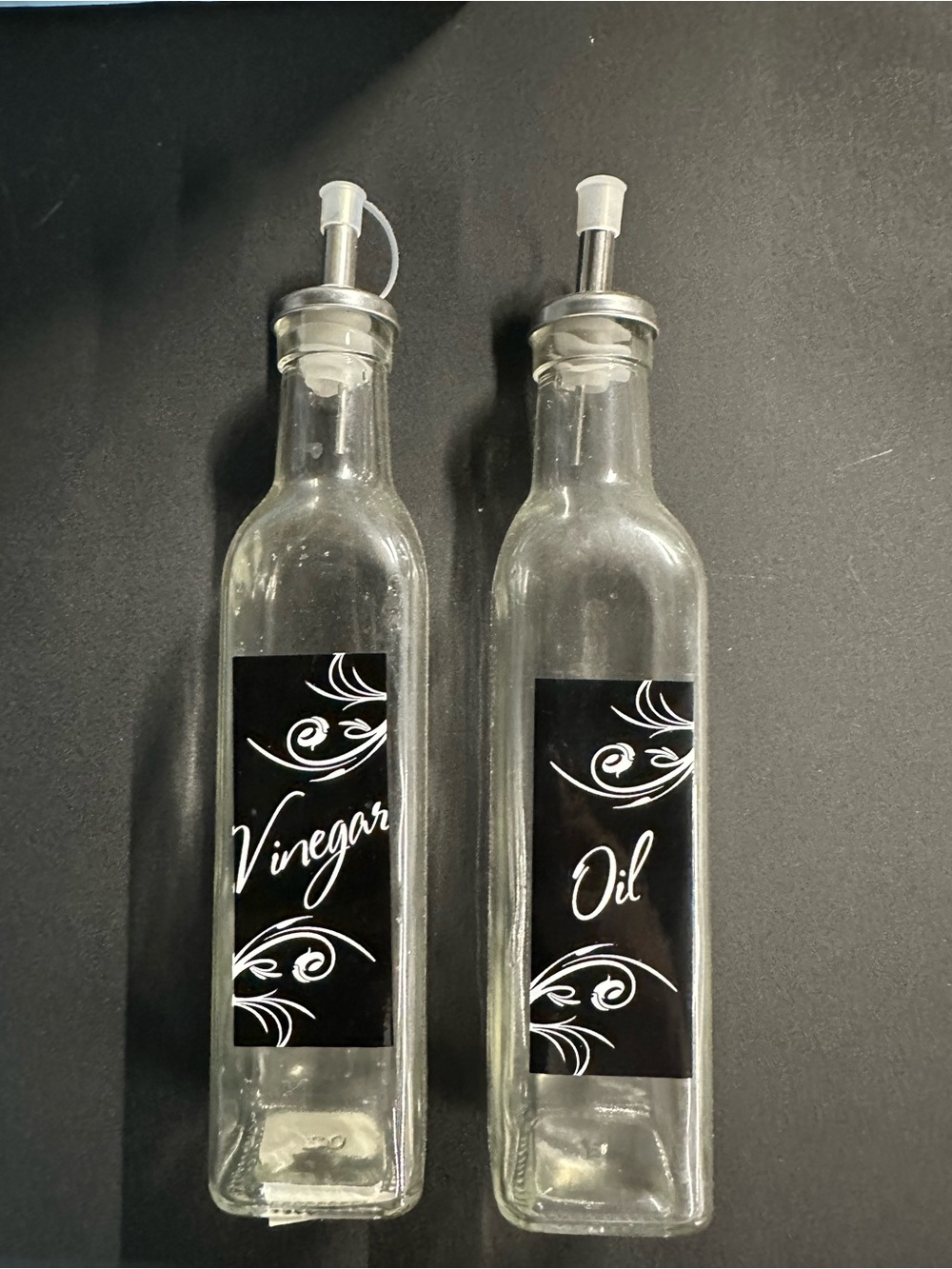 Clear Glass Oil and Vinegar Pourer Bottles with Black Labels